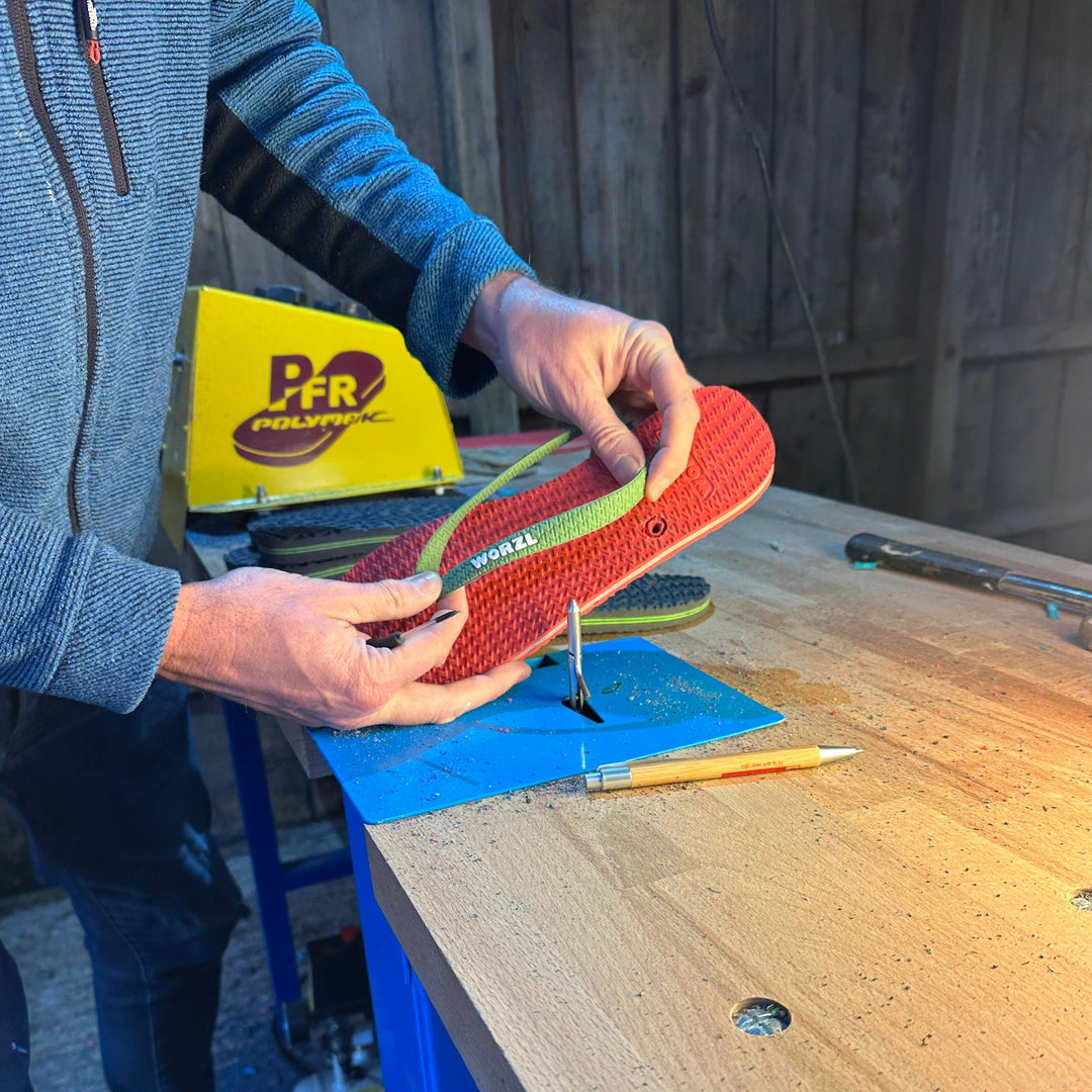 Non plastic, biodegradable, rubber flip flops made in the UK.